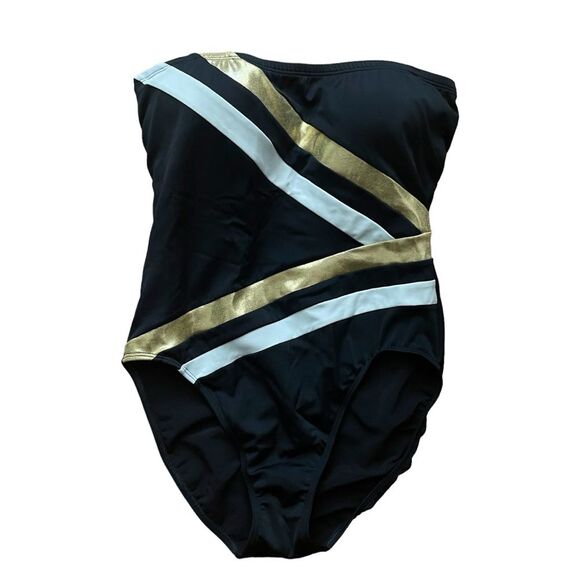 Shape FX SWIM Black/Gold Halter One Piece High Cut Bathing Suit Women Sz 10 NWOT - Picture 4 of 8